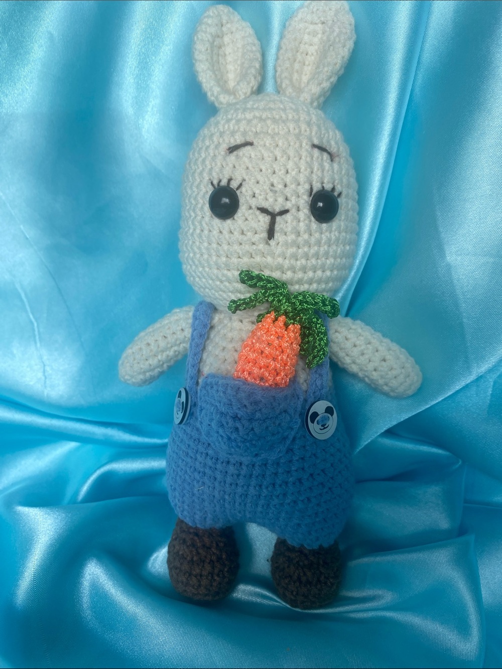 Handmade Crochet Bunny Plush in Cream with Blue Overalls